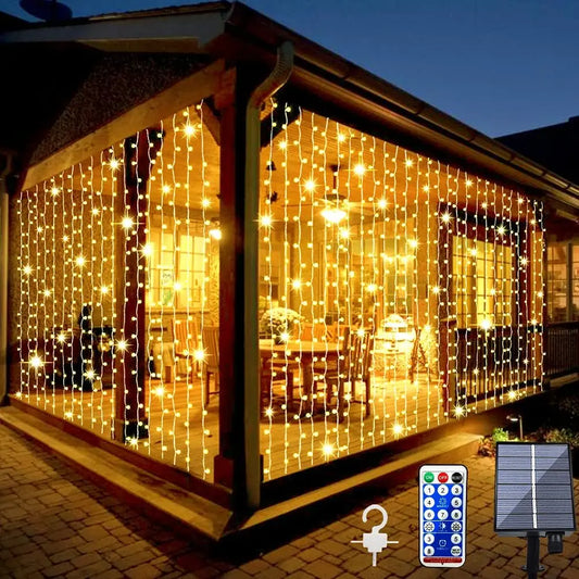 Solar Curtain Light Outdoor Garden String 300 LED Remote Light