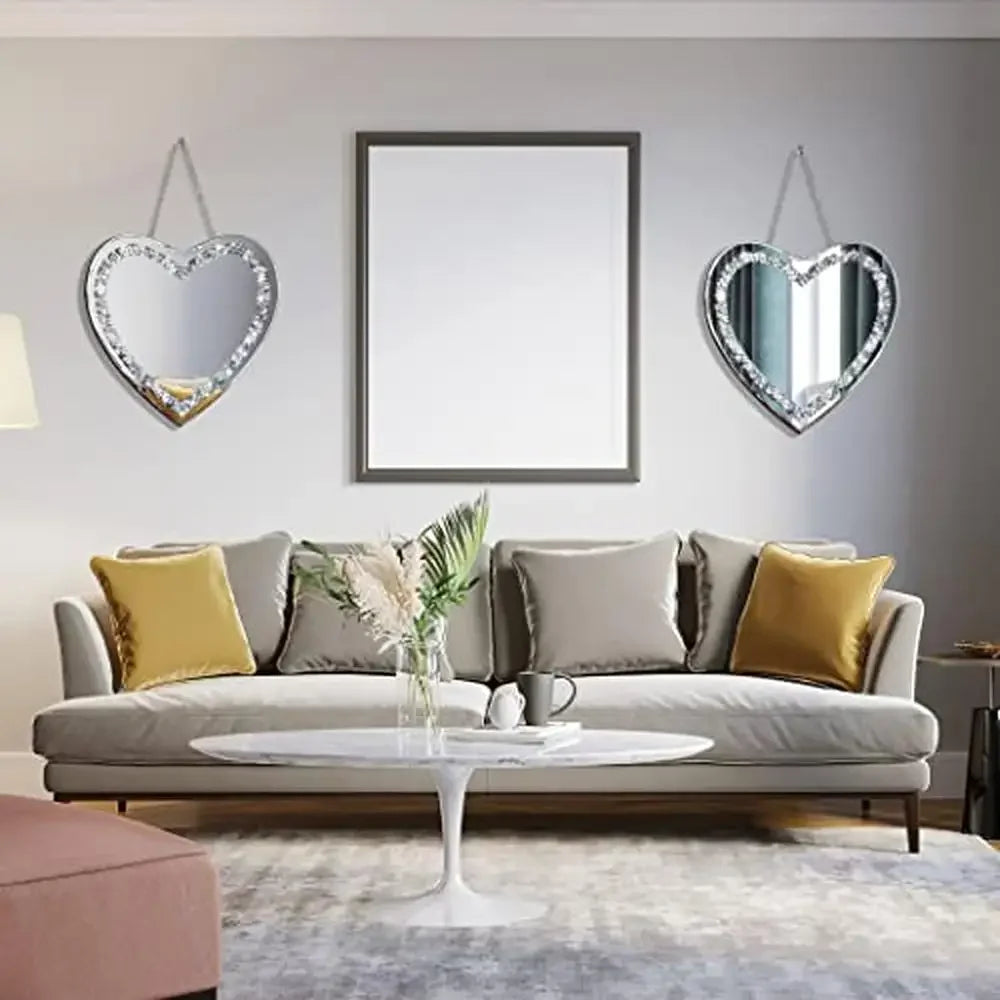 Heart Shaped Crystal Crush Diamond Glass Mirror Set 12x12inch Pack of 2 Glam Classic Style Stainless Steel Chain