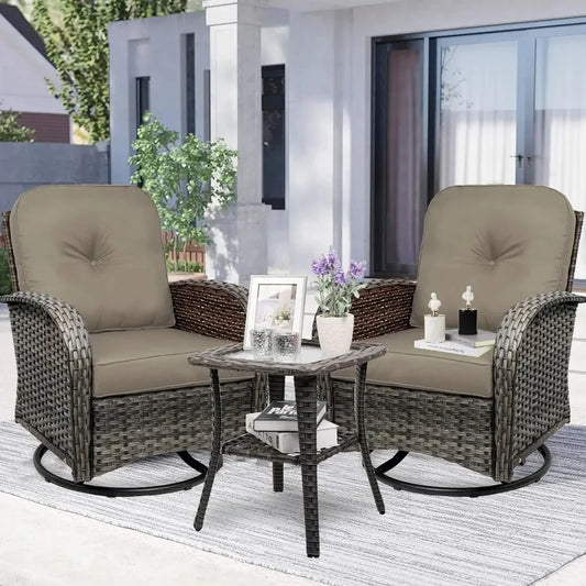 3-Piece Swivel Rocker Wicker Chair Set of 2 with Cushions and Glass Table