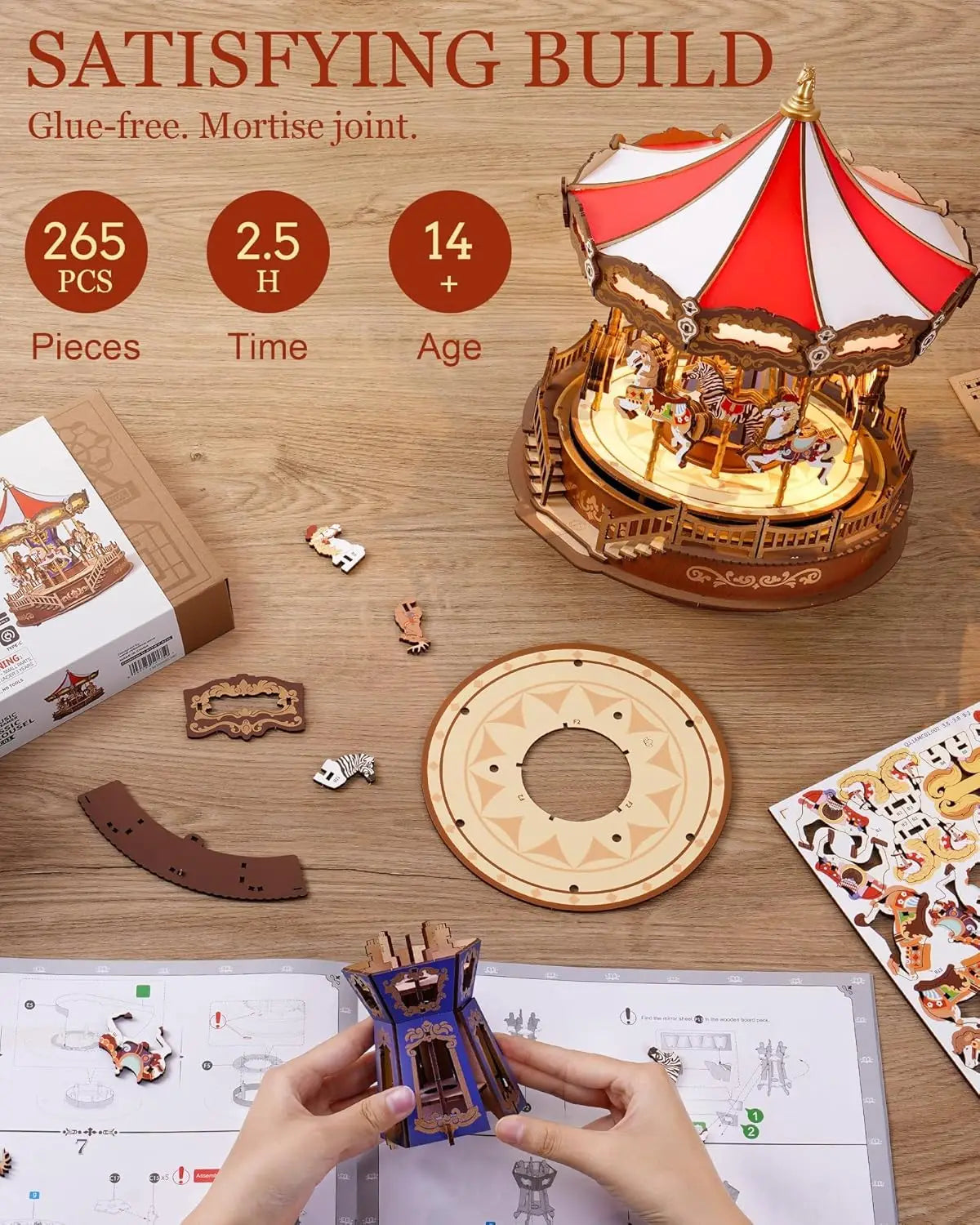Robotime 3D Wooden Puzzle Carousel Music Box With LED Lights