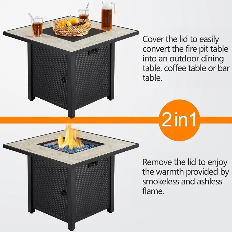 30" Propane Gas Fire Pit Table 50,000 BTU Ceramic Tabletop and Blue Fire Glass for Outdoor/Patio