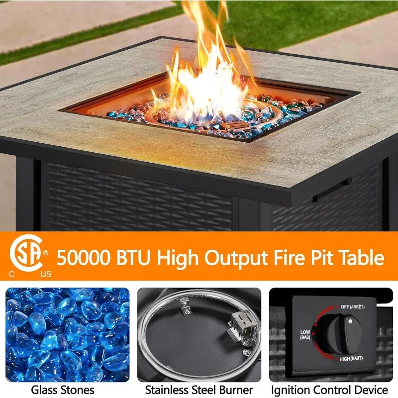 30" Propane Gas Fire Pit Table 50,000 BTU Ceramic Tabletop and Blue Fire Glass for Outdoor/Patio