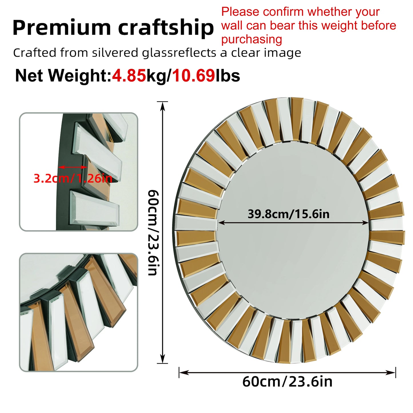 60/80CM Round Starburst Decorative Wall Mirror Gorgeous Tawny Accent Mirror