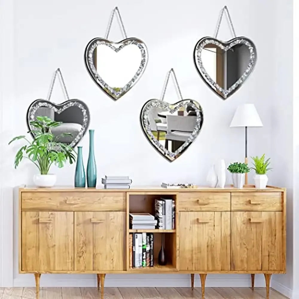 Heart Shaped Crystal Crush Diamond Glass Mirror Set 12x12inch Pack of 2 Glam Classic Style Stainless Steel Chain