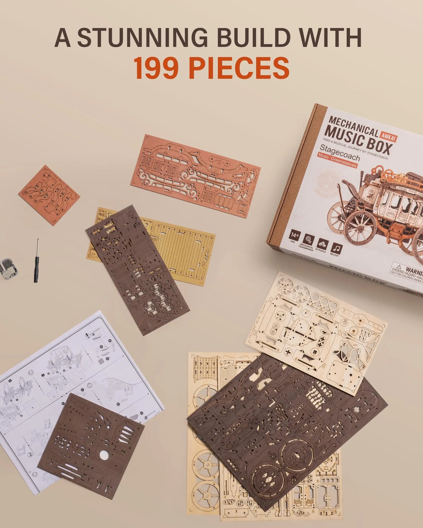 Robotime Wooden Music Box Puzzle 3D Stagecoach Gift Kit