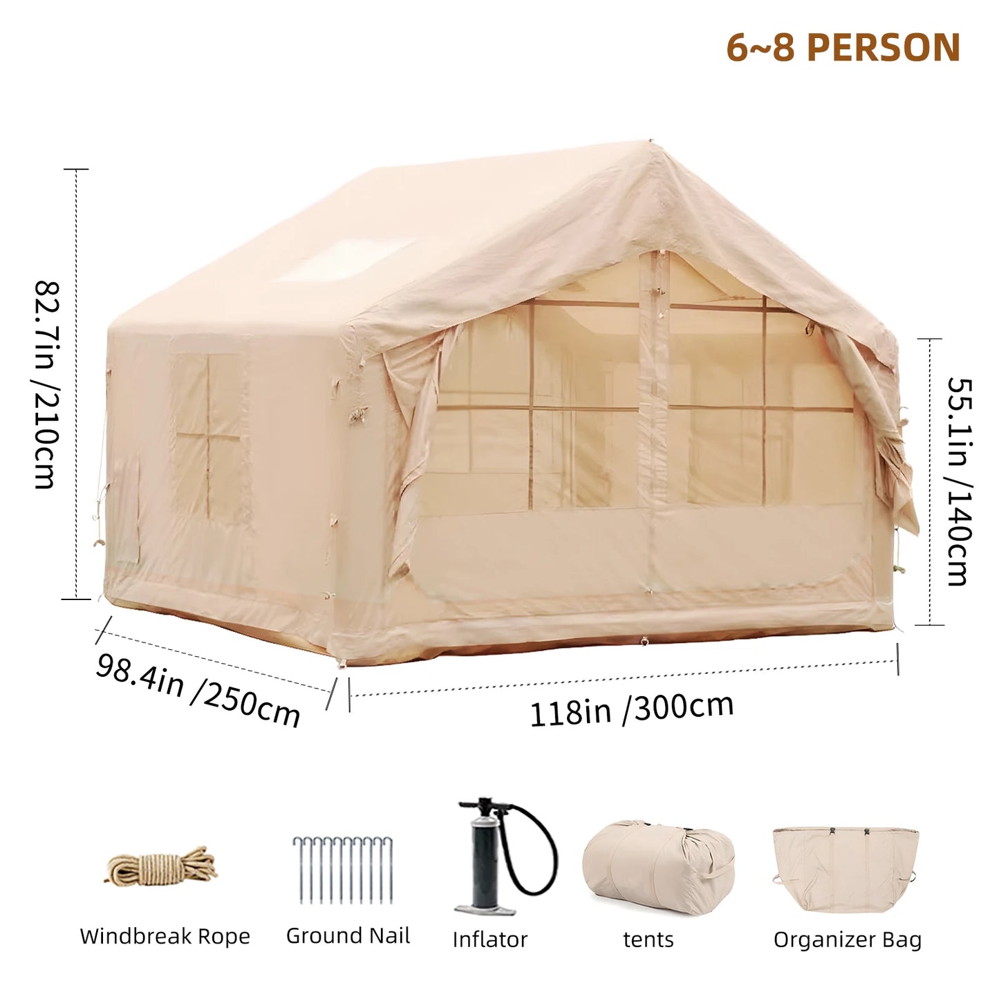 6-8 People Inflatable Tent for Camping with Pump Portable Blow Up Tent Easy Set-up Air Tent