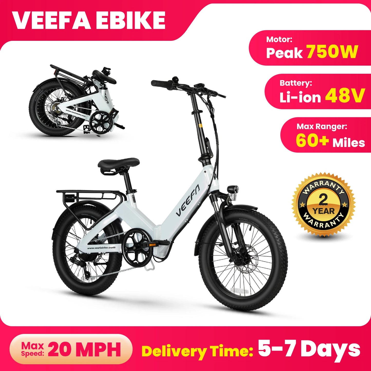 VEEFA F1 Electric Bike for Adults 750W 60 Miles Range