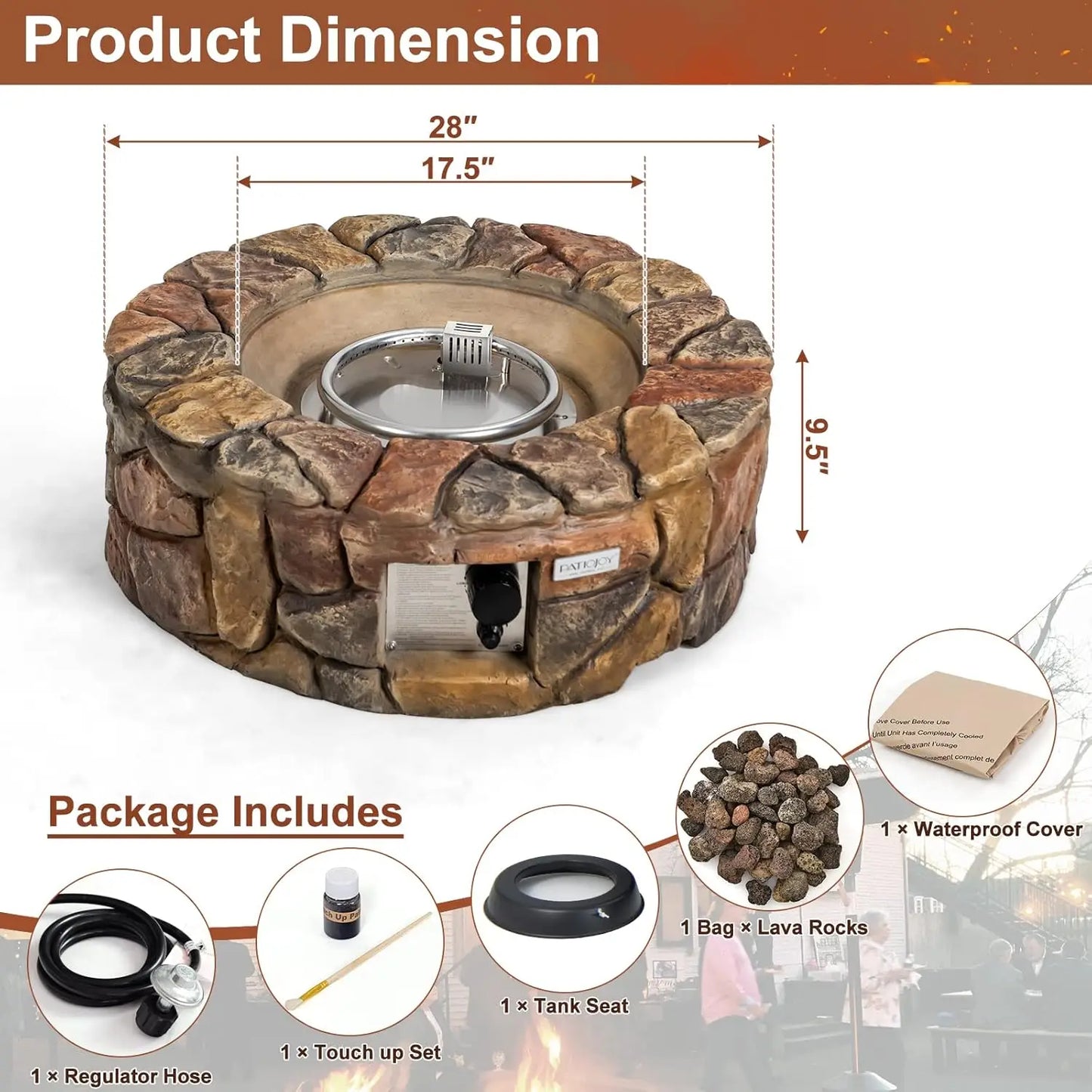 28 Inch Round Propane Gas Fire Pit,  Stone Look Outdoor Propane Fire Pit with Lava Rocks & PVC Cover
