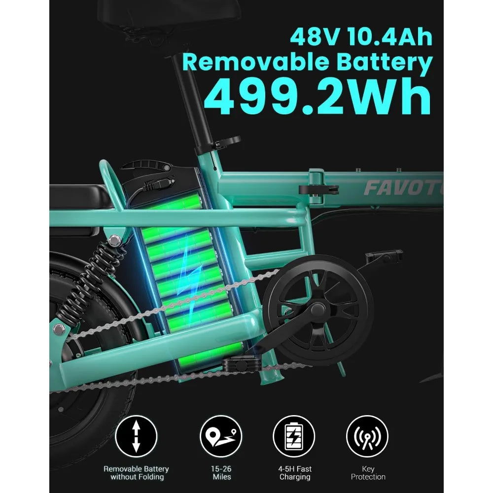 Folding Electric Bike with Removable 499Wh Battery  48V, 3-Speed, Mini E Bikes 14" Tires