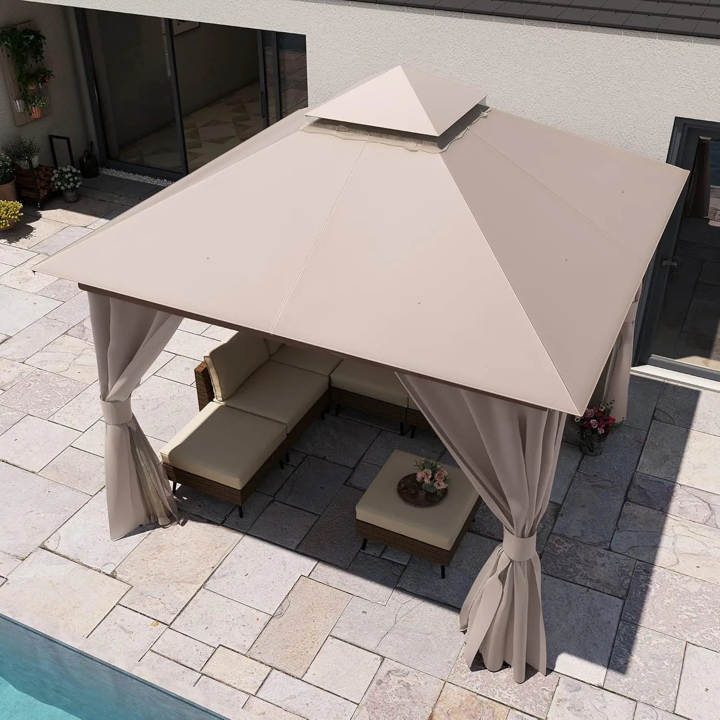 Shelter with Double Roofs, Mosquito Nettings and Privacy Screens for Backyard,, Champagne Khaki