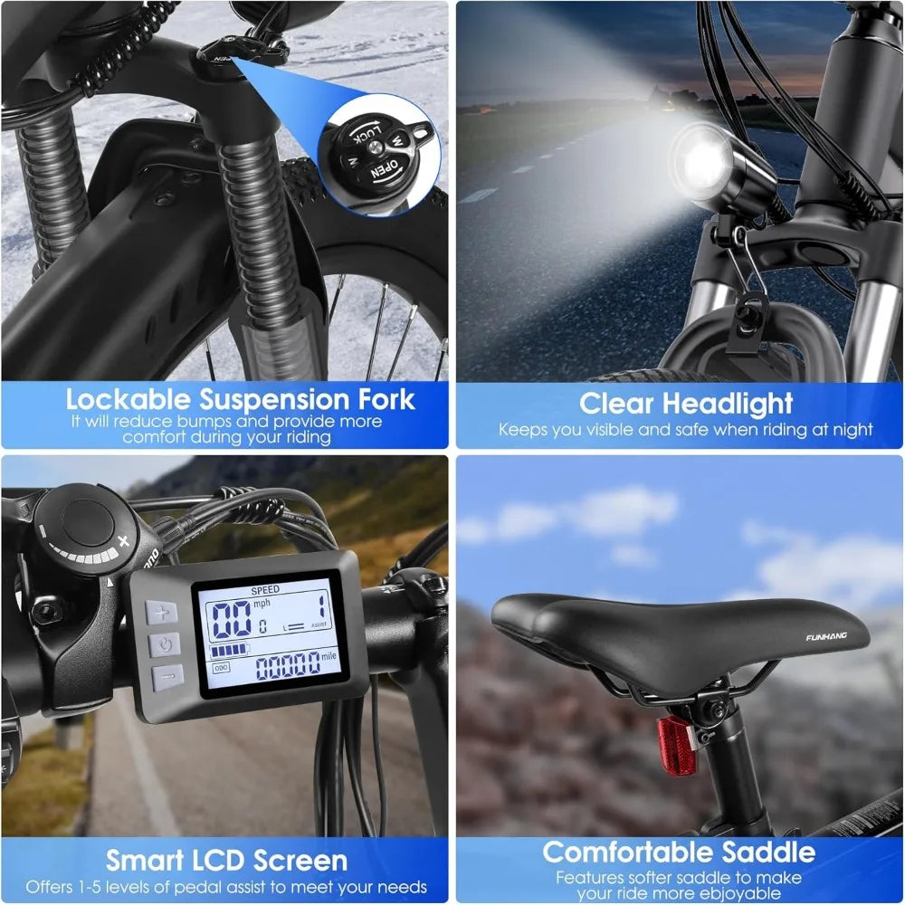 Electric Bike, 26'' 1000W Peak Ebike,Up to 50 Miles 21.7MPH with 48V 374.4WH Removable Battery