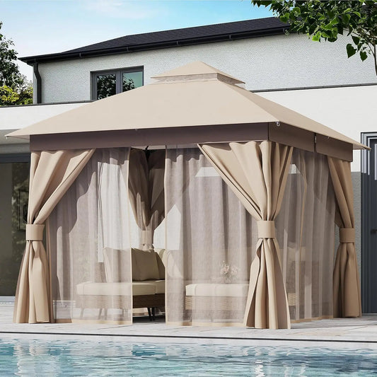 Shelter with Double Roofs, Mosquito Nettings and Privacy Screens for Backyard,, Champagne Khaki