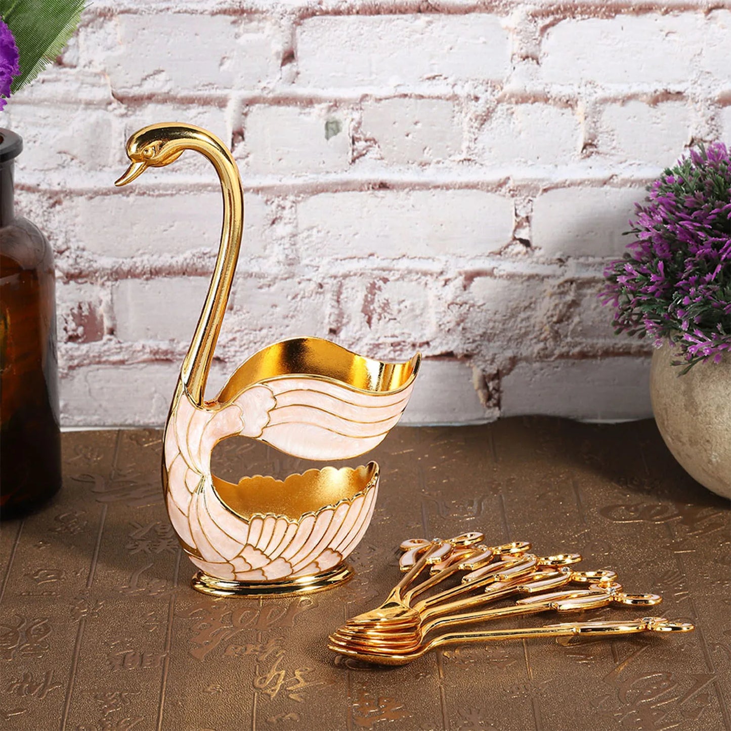 Fruit Scoop Coffee Dessert Spoon Set European Elegant Swan Holder