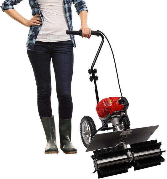 Gas Power Broom Sweeper, Gasoline Walk Behind Snow Lawn Sweeper Brush Broom Sweeping