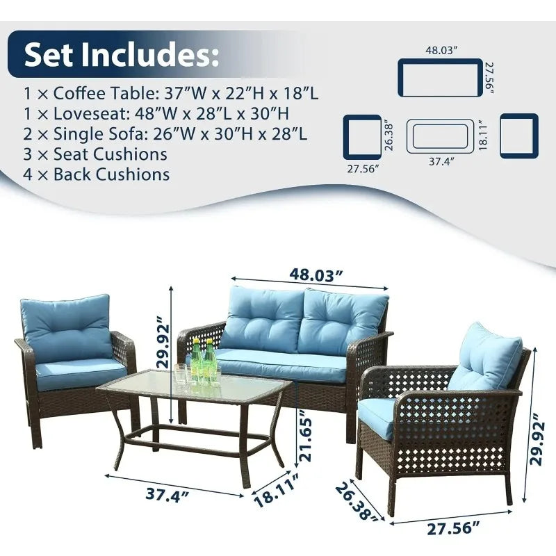 Wicker Furniture with Loveseat, Rattan Seating Outside Coffee Table w/2 Chair