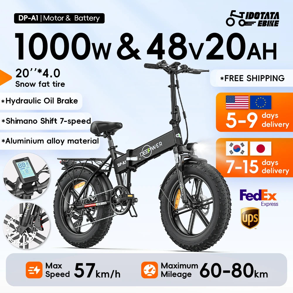 IDOTATA EU Delivery 1000W Electric Bike 48V 20AH Folding Ebike