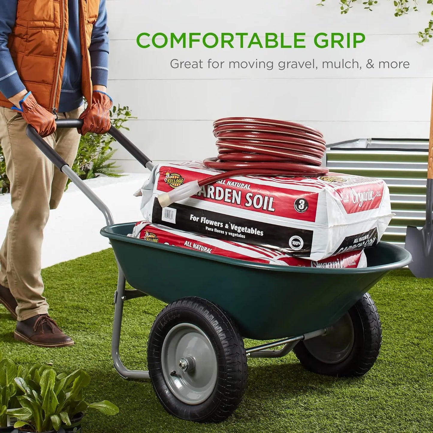 Dual-Wheel Home Utility Yard Wheelbarrow Garden Cart w/Built-in Stand for Lawn, Gardening