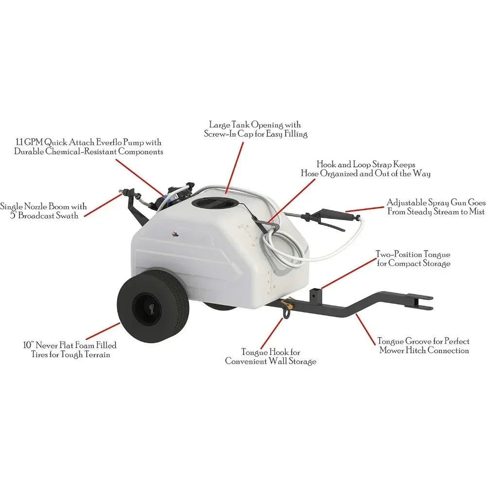 12 Gallon Trailer Spray with Wheels for Irrigation of Large Lawns and Small Gardens, Chemical Spray