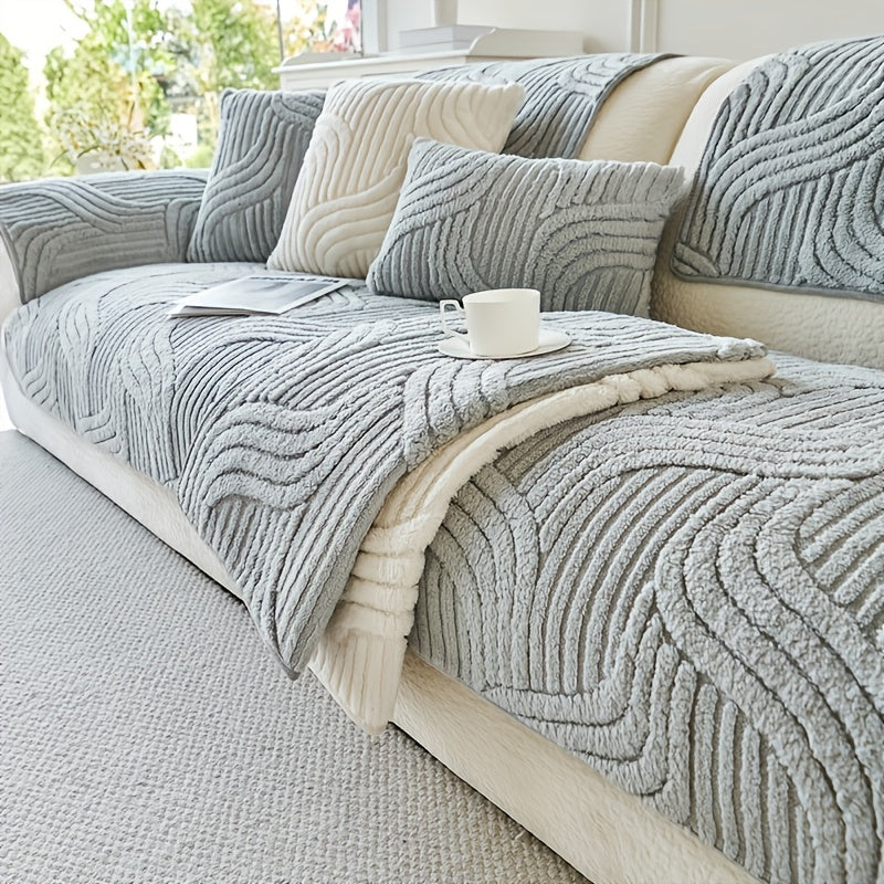 Elegant Plush Sofa Cover Black and Cream Non Slip Pet Friendly Breathable 100 Percent Polyester Machine Washable