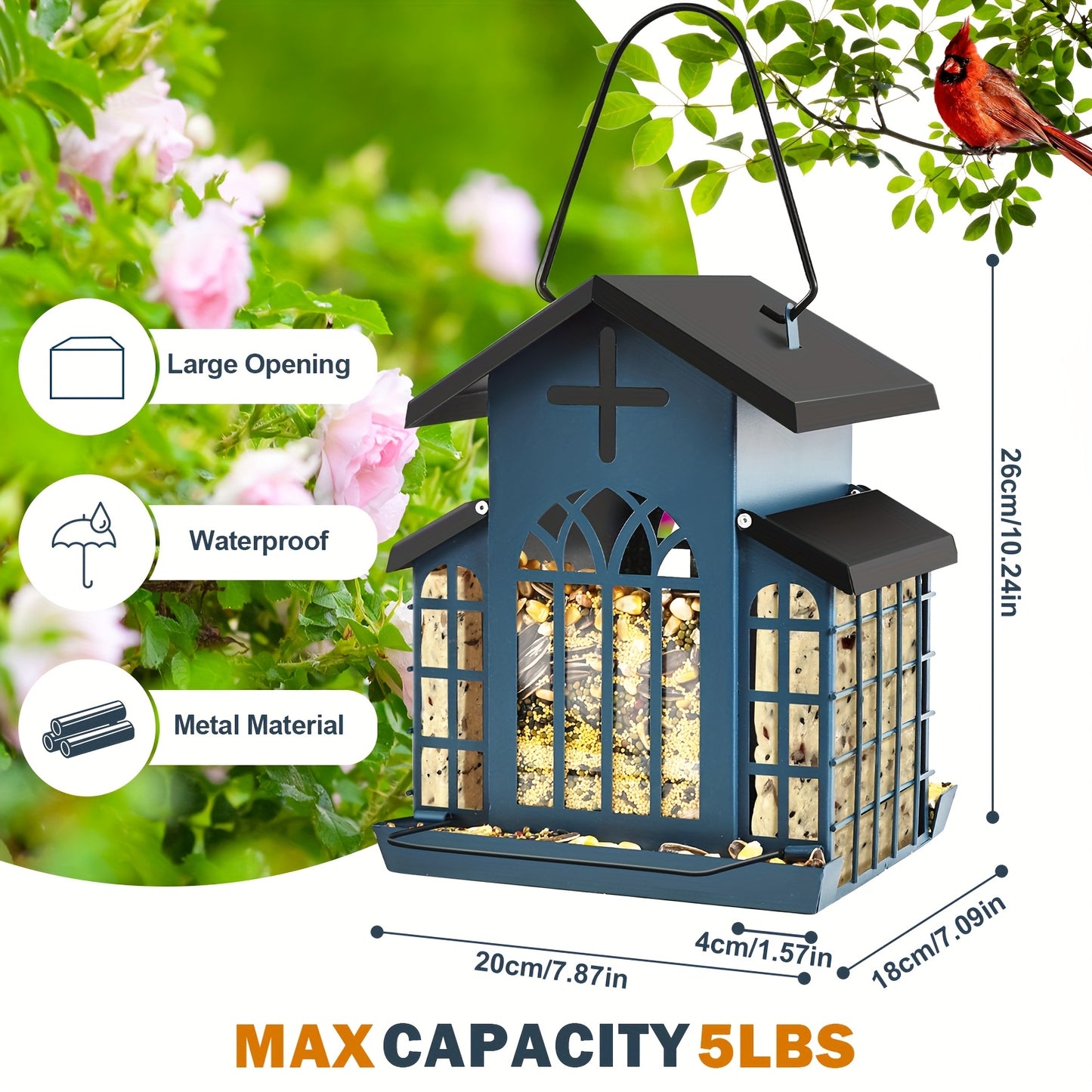 Metal Bird Feeder with Three Mesh Side Cages Large Capacity Outdoor Hanging Feeder for Cardinals Finches Chickadees Durable Weather Resistant Design