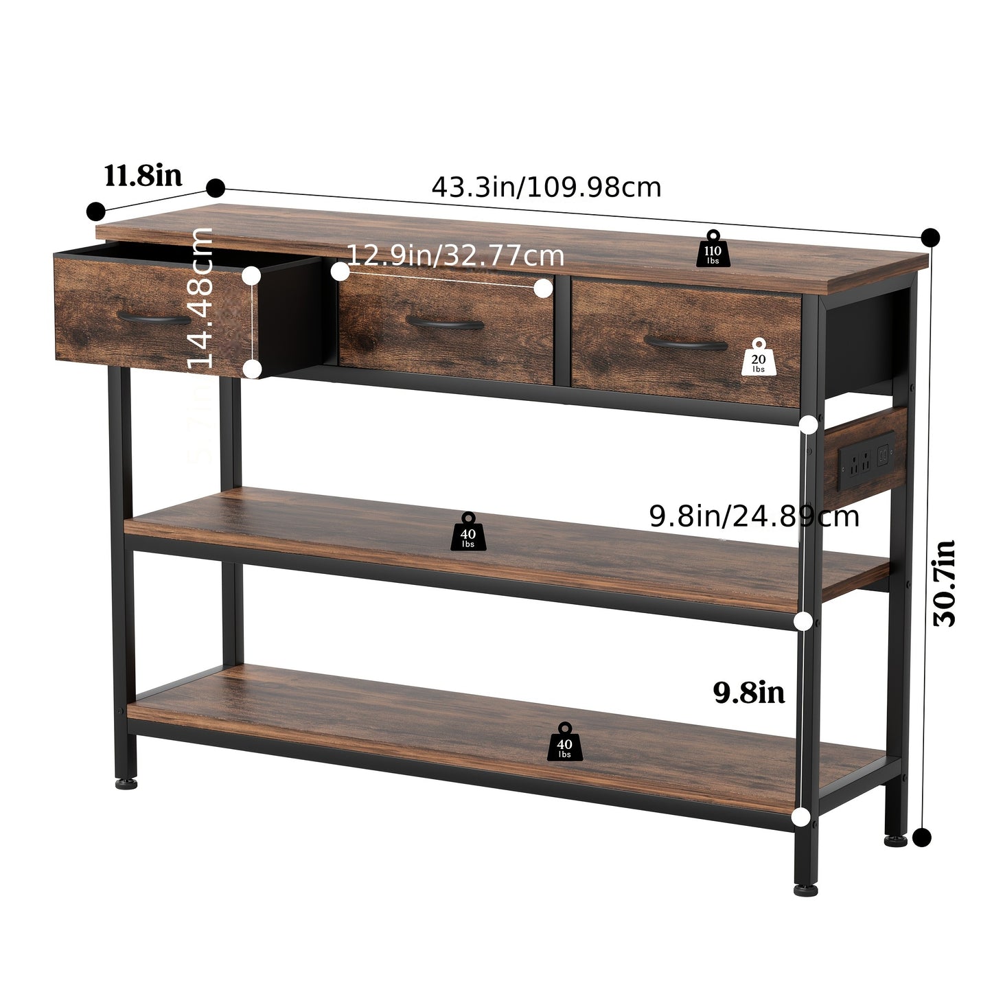 AOWOS 3-Tier Console Table with Charging Station Rustic Modern Narrow Sofa Table with Adjustable Feet and Breathable Fabric Drawers Hardwood Entryway Organizer for Hallway and Living