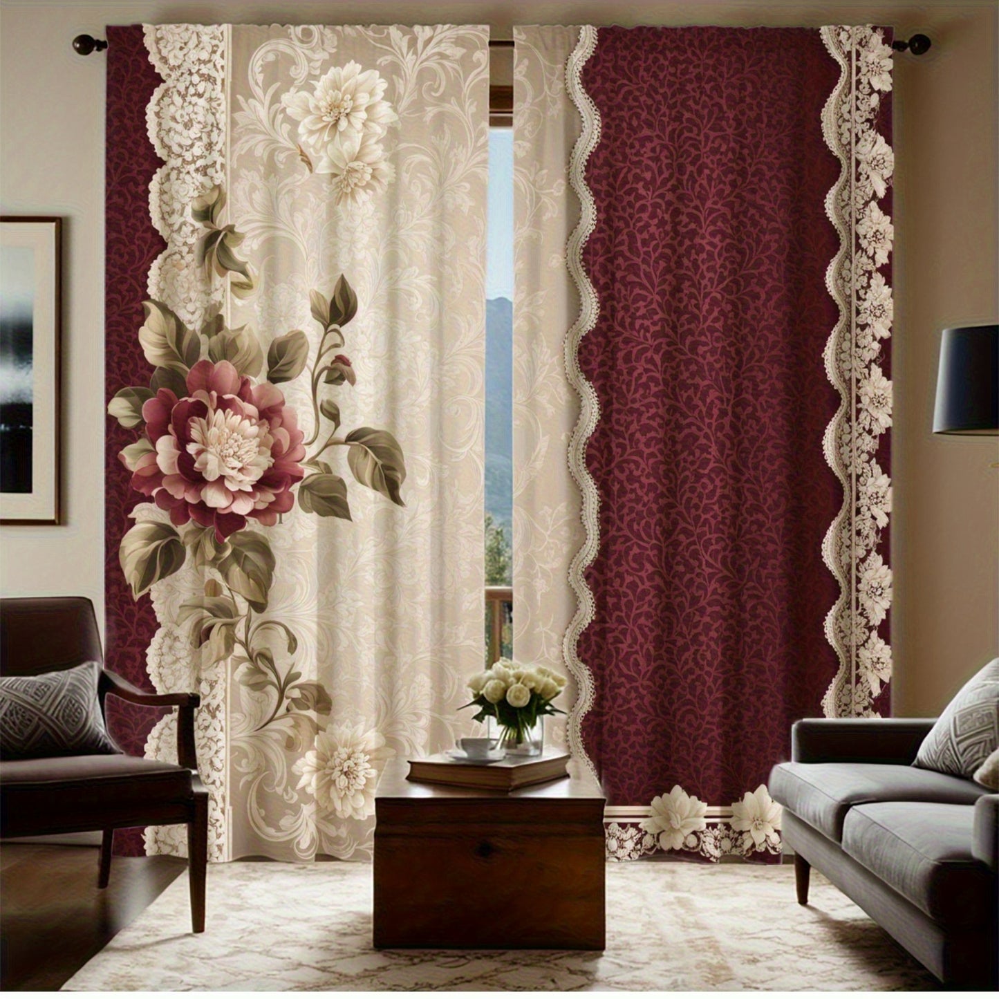Elegant Floral and Paisley Lace Edge Curtains Set of 2 Red and White Semi-Transparent Polyester Rod Pocket Design Perfect for Living Room Bedroom and Study Machine Washable Durable Microfiber