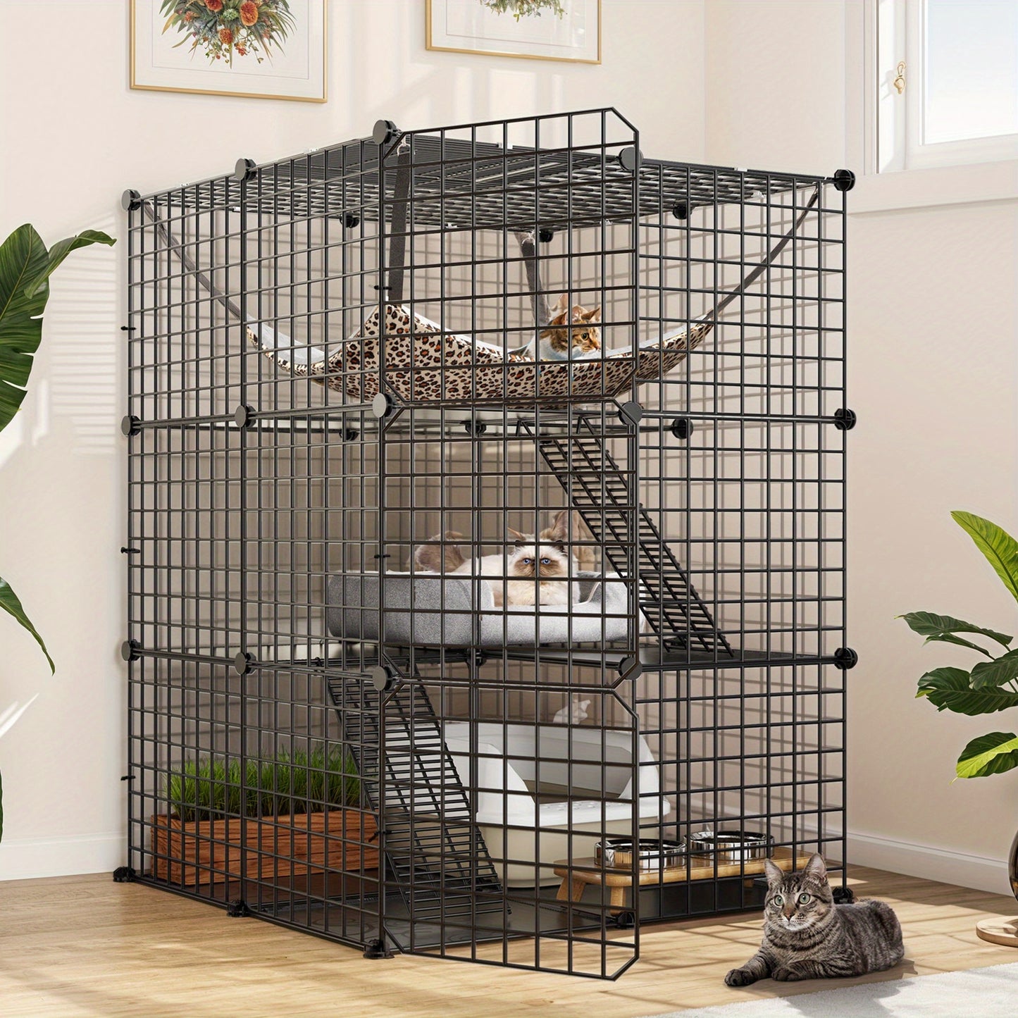 Indoor Outdoor Cat Cage DIY Cat Enclosure with 3 Level Metal Playpen and Oversized Hammock for One or Two Cats and Rabbits