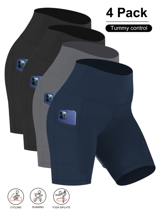 4pcs Women's Plus Size High-Waisted Yoga Shorts - Stretchy, Butt-Lifting, Quick-Dry with Pockets for Running and Cycling