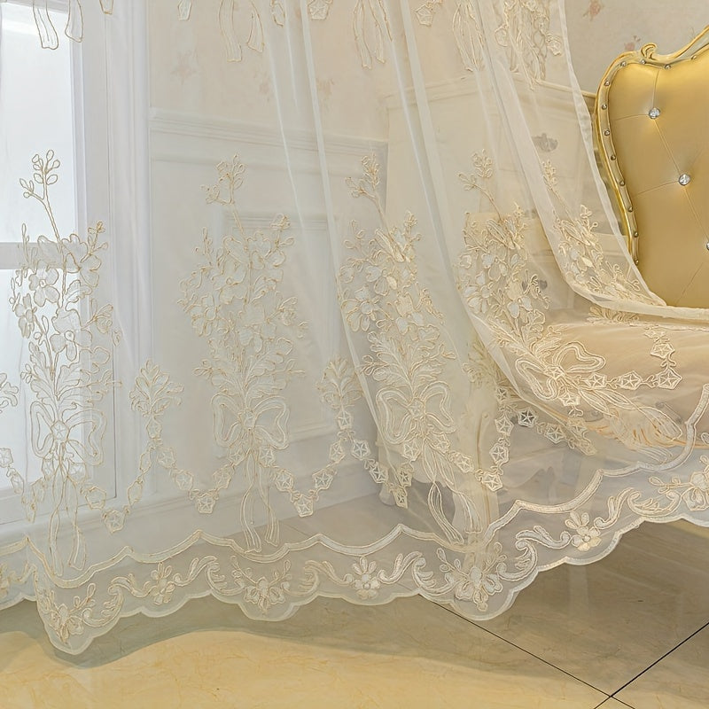 2pcs Tiyana Sheer Curtains with Golden Embroidery Elegant Floral Pattern Lightweight Polyester Grommet Top for Living Room and Bedroom All Season Thermal Insulation French Style Home Decor