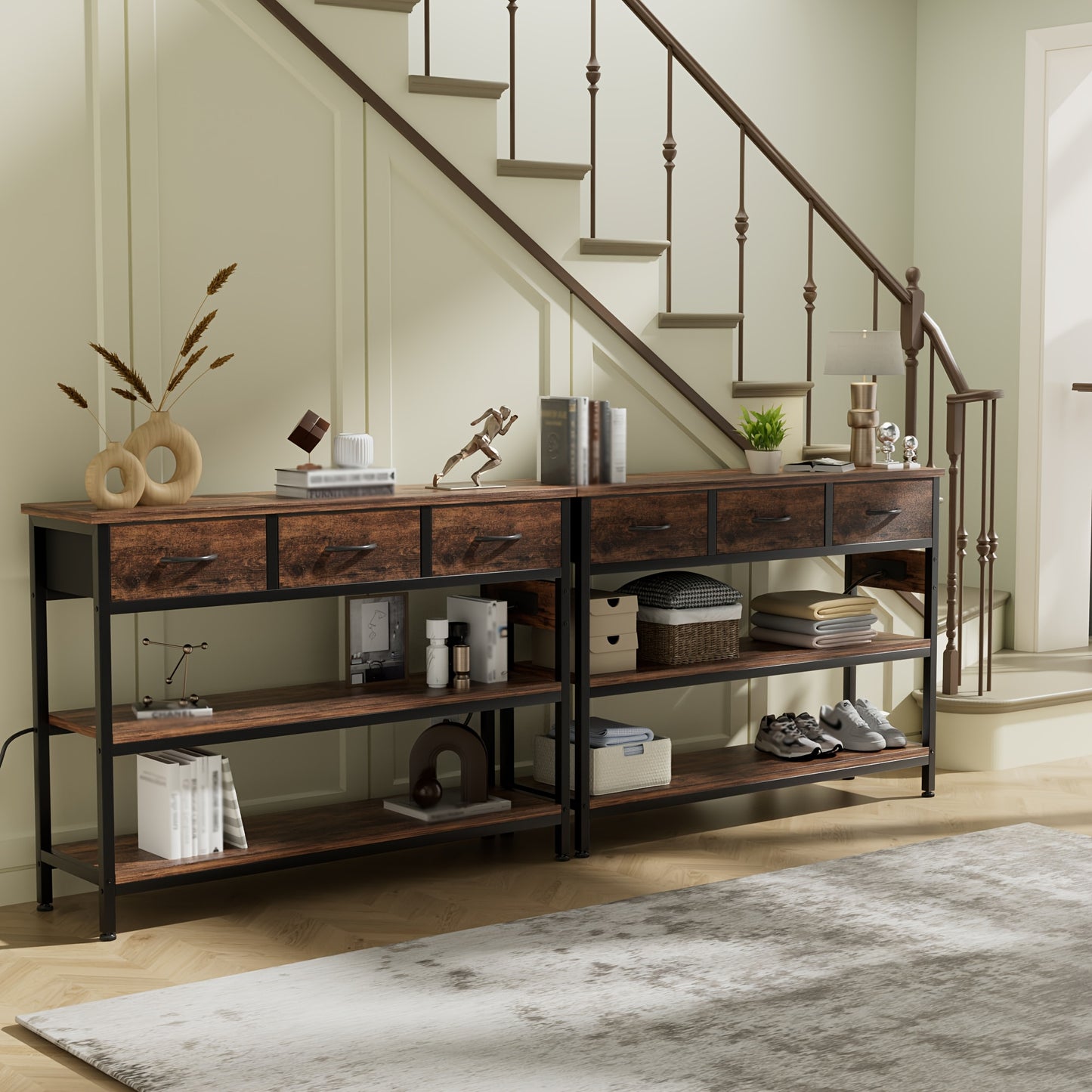 AOWOS 3-Tier Console Table with Charging Station Rustic Modern Narrow Sofa Table with Adjustable Feet and Breathable Fabric Drawers Hardwood Entryway Organizer for Hallway and Living