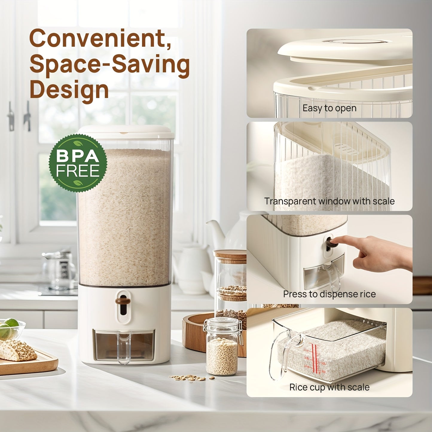 Large Capacity Moisture Resistant Rice Dispenser with Time Recorder and Measuring Cup