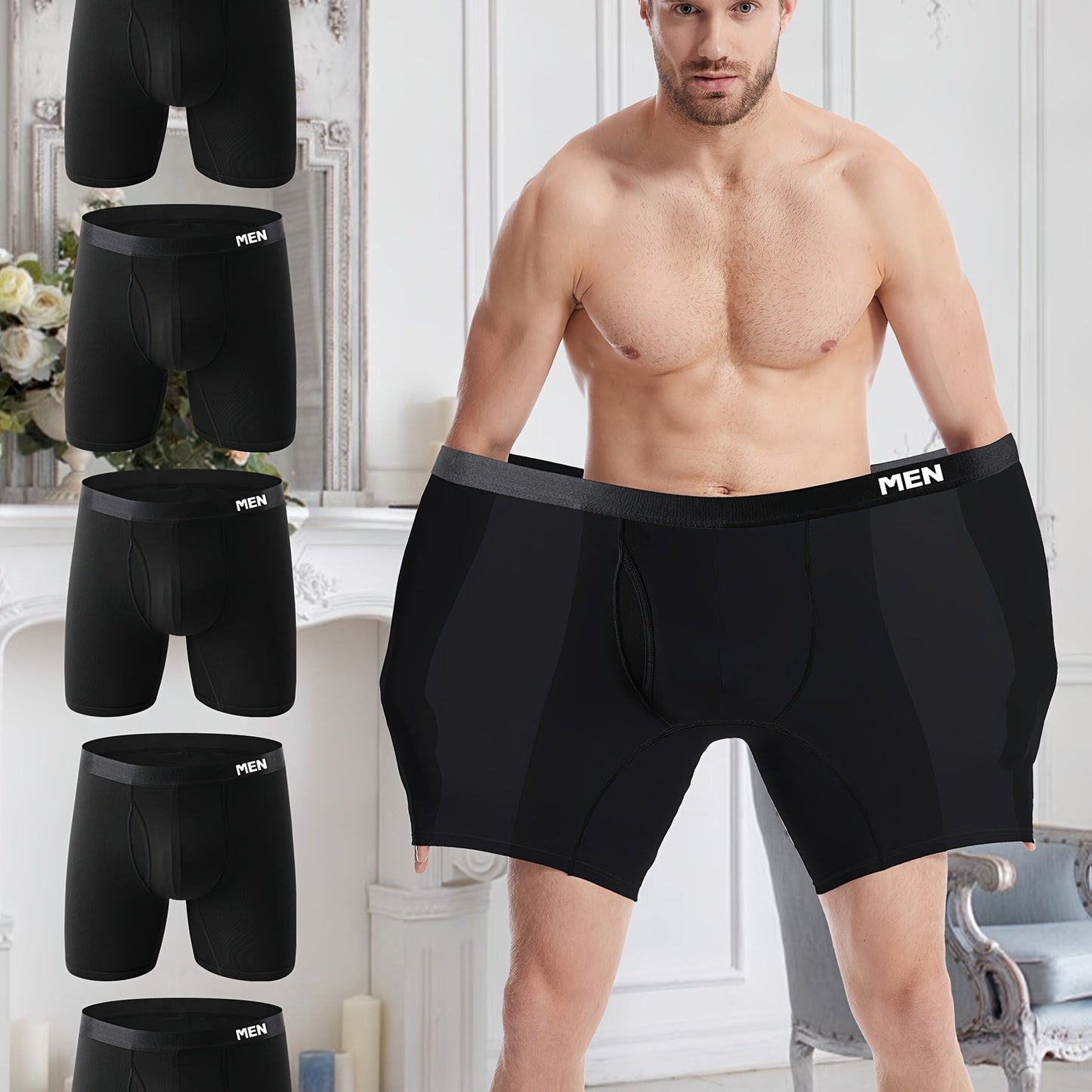 5pcs Extra High, Wide, And Soft Front-Opening Men's Long Boxers in Plus Size