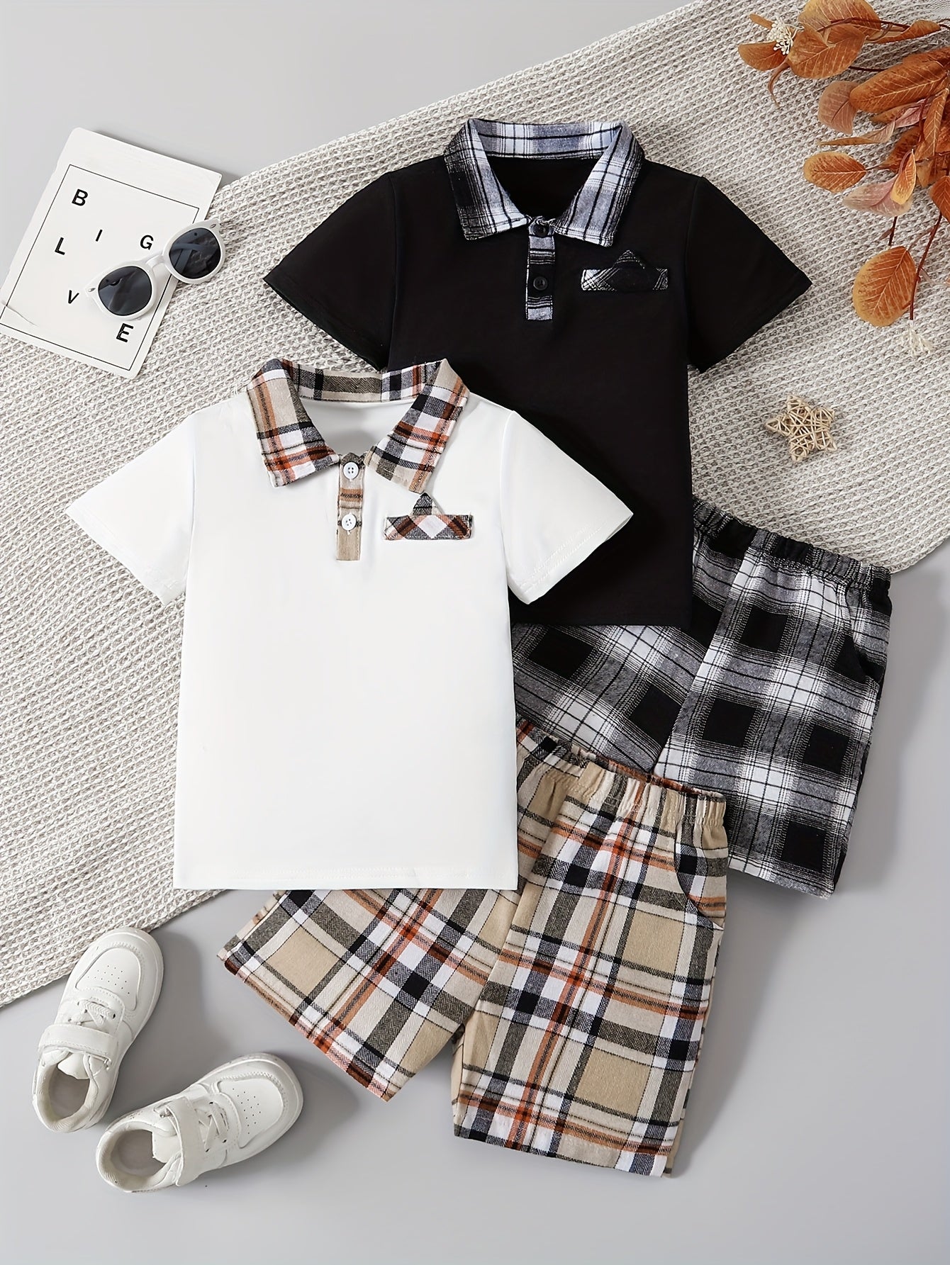 Boys Simple Casual Plaid Shirt Short Sleeve Shorts Set 4pcs