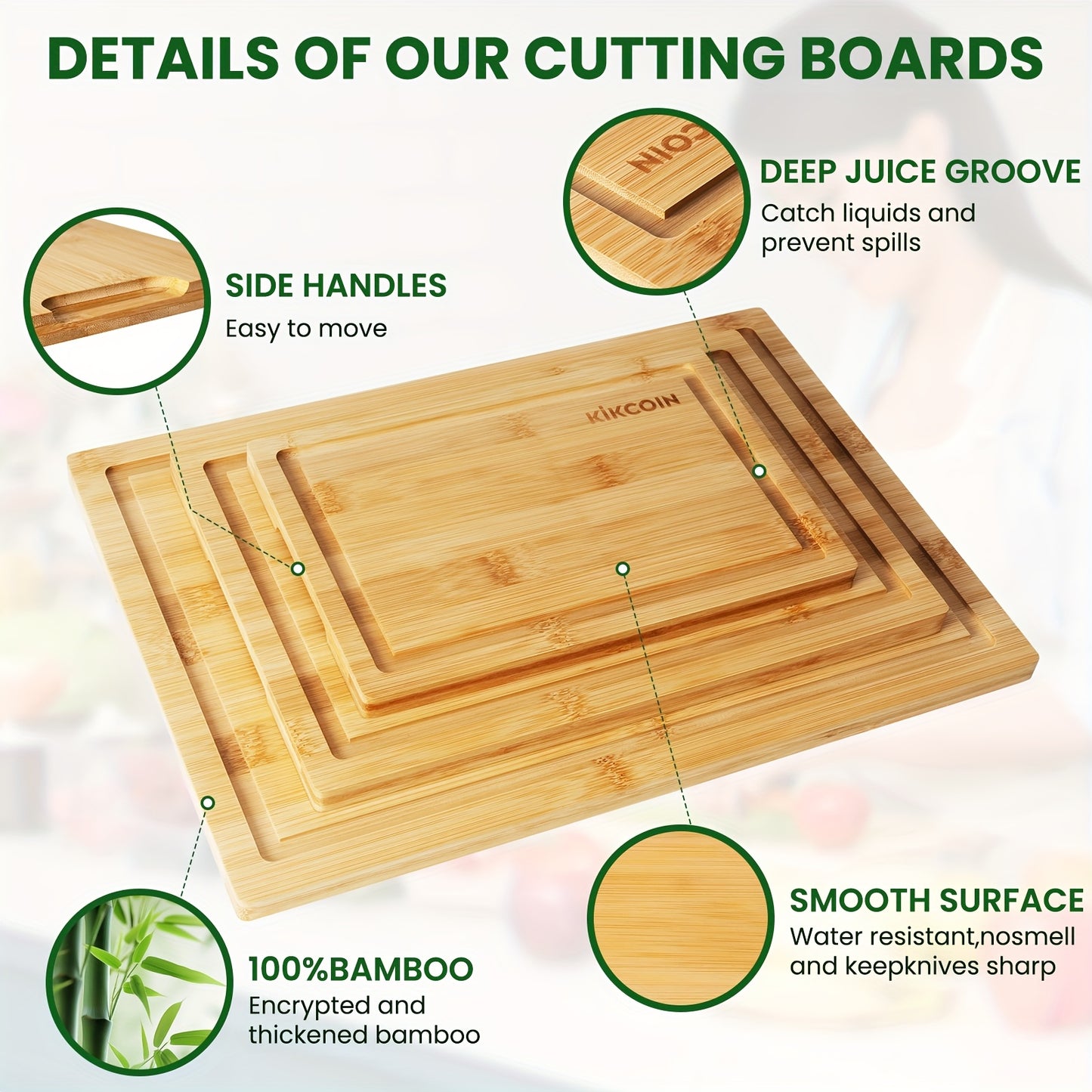 4pcs Oversized Bamboo Cutting Board With Rack & Juice Groove