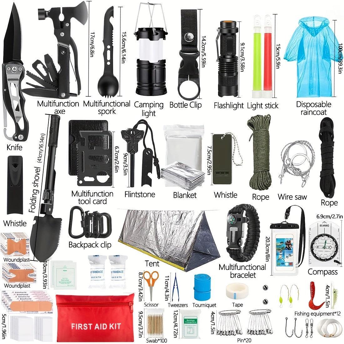 Ultimate Outdoor Survival Kit 262pcs with Tent Axe Shovel Flashlight