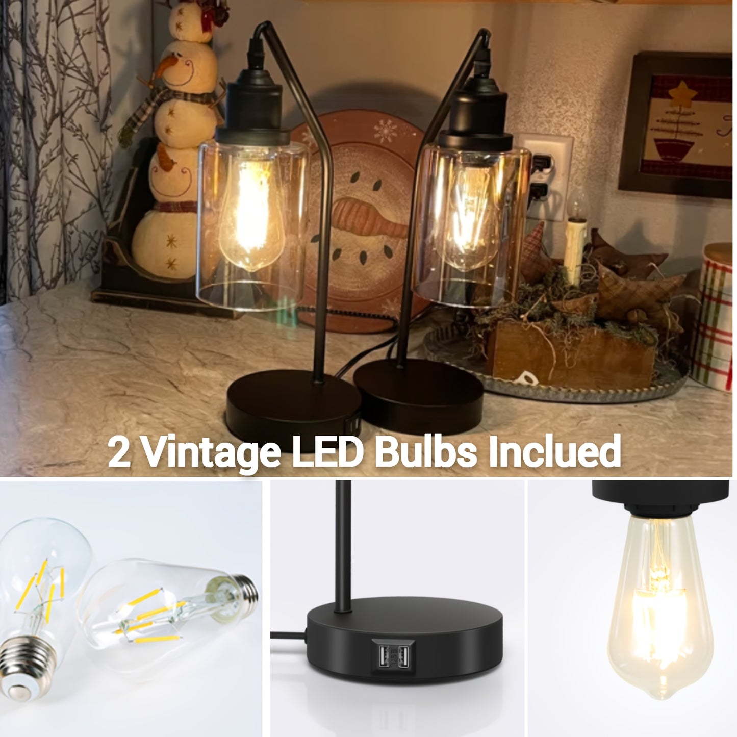 Matte Black 2 Pack 16 Inch Industrial Nightstand Table Lamp 3 Way Dimmable Touch Control Amber Glass Shade Dual USB Charging Ports Includes LED Filament Bulbs Small Desk Lamp for Living Room Bedroom Home Office