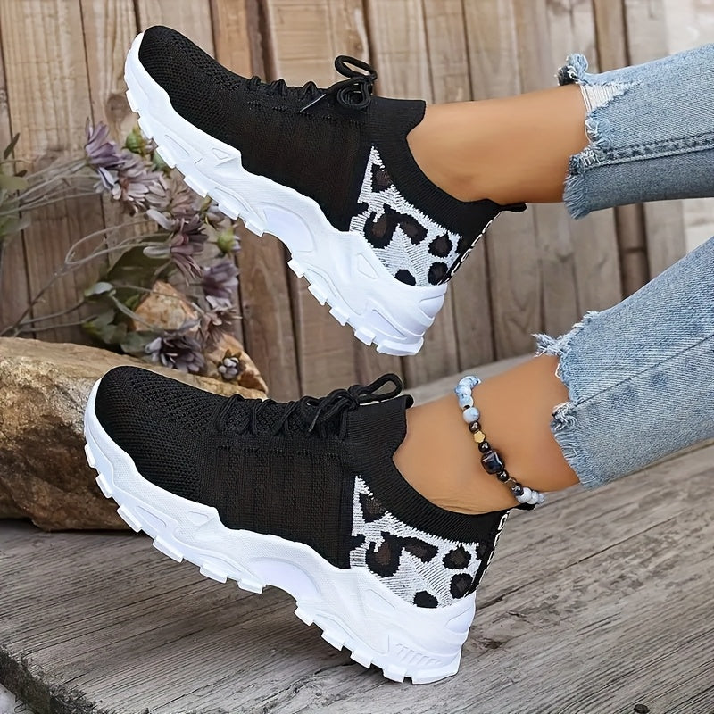 Leopard Print Sneakers Lightweight Women's Mesh Lace-Up Shoes