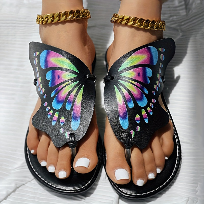 Women's Butterfly Flip Flops, Faux Leather Thong Slippers
