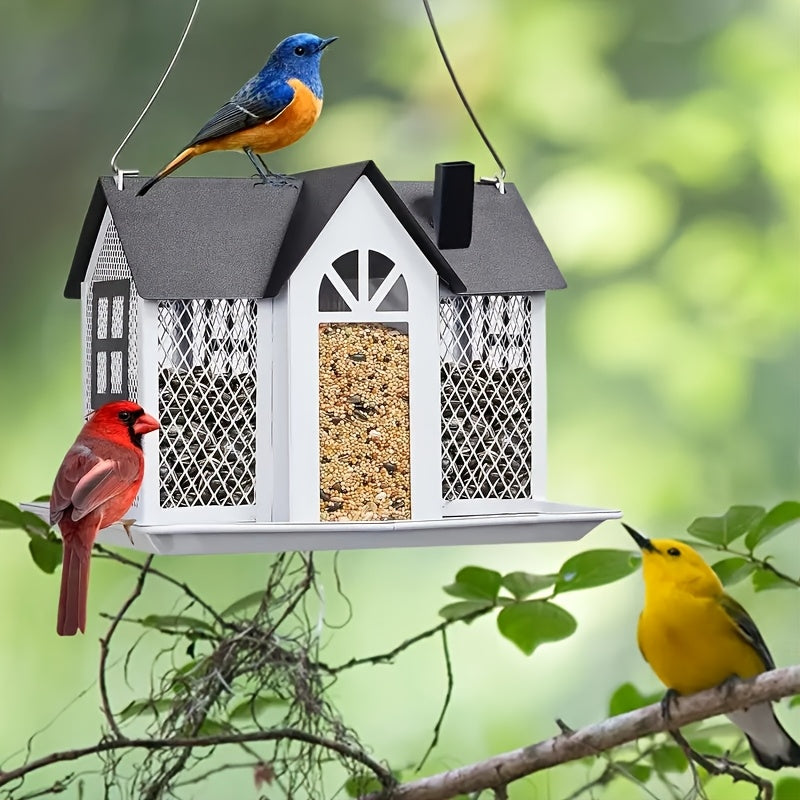 Metal Mesh Bird Feeder For Outdoor Hanging With Waterproof Roof And Seed Tray Large Capacity 4 Lbs For Garden Decoration