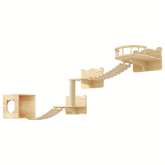Natural Pine Cat Tree 9pcs Wall-Mounted Set with Condo