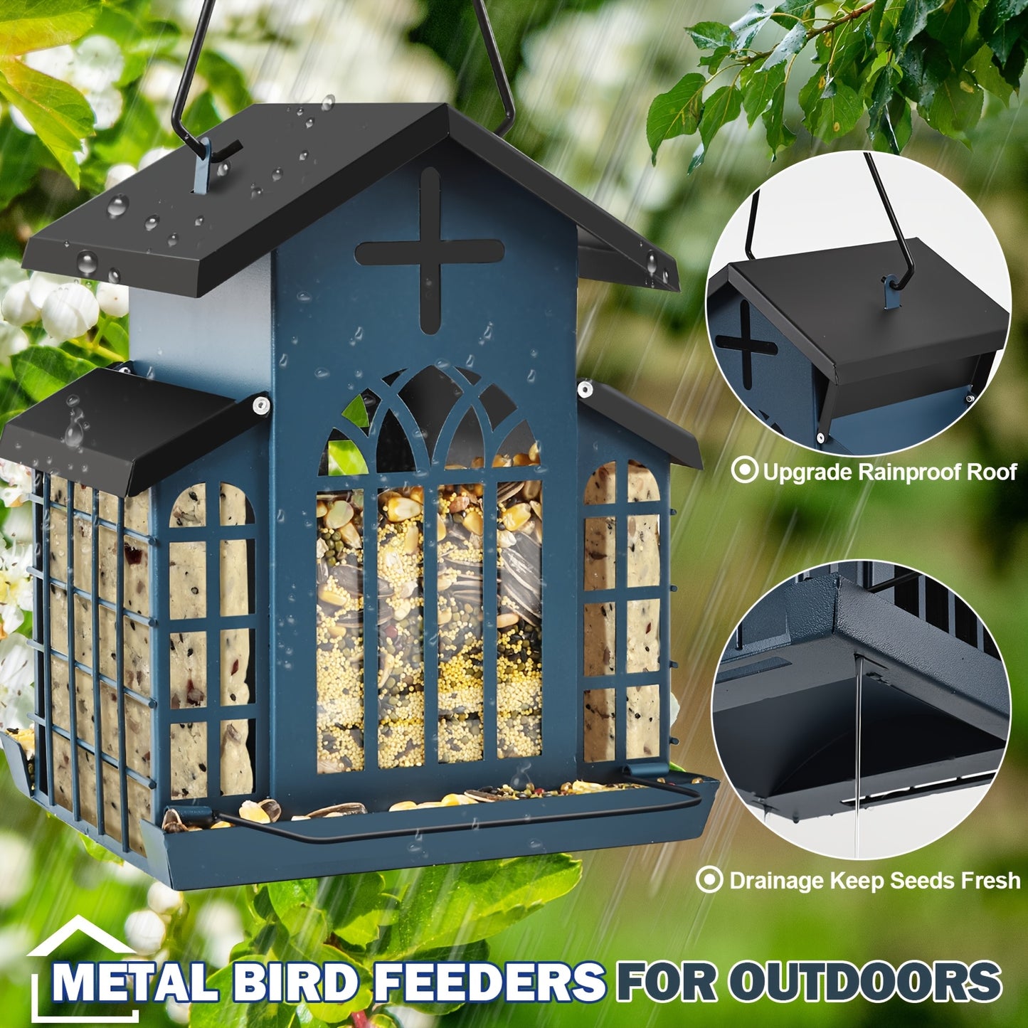 Metal Bird Feeder with Three Mesh Side Cages Large Capacity Outdoor Hanging Feeder for Cardinals Finches Chickadees Durable Weather Resistant Design