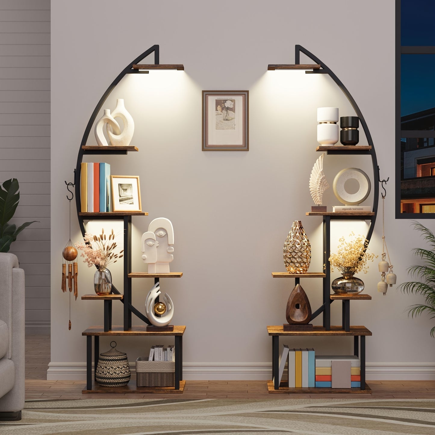 65 Inch Multi Functional Metal Black and Brown 7 Tiered Two Piece Bookshelf with Lights Wooden Bookcase for Books Handicraft Decorations Frames Multiple Corner Display Stand for Living Room Study Room Bedroom Hallway Good Gift Choice