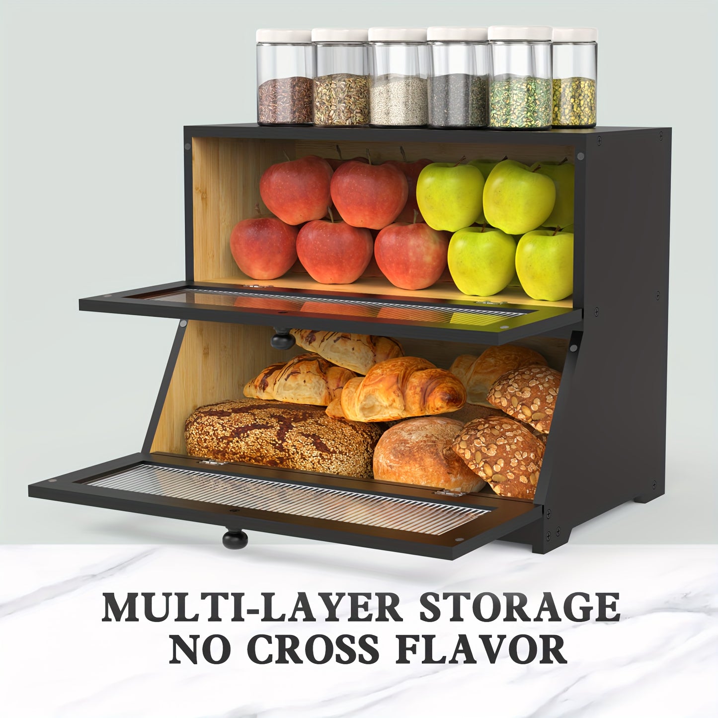 Double Layer Bamboo Bread Box For Kitchen Counter Storage