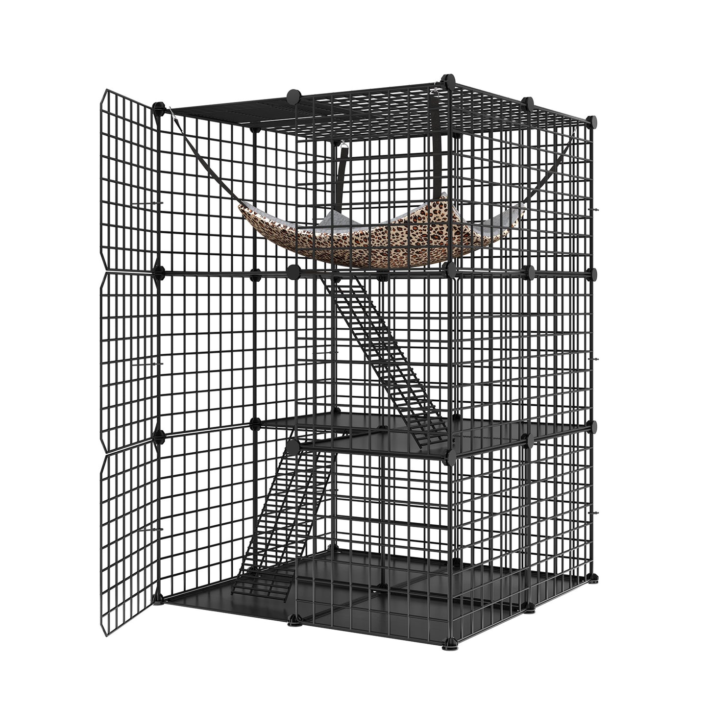 Indoor Outdoor Cat Cage DIY Cat Enclosure with 3 Level Metal Playpen and Oversized Hammock for One or Two Cats and Rabbits
