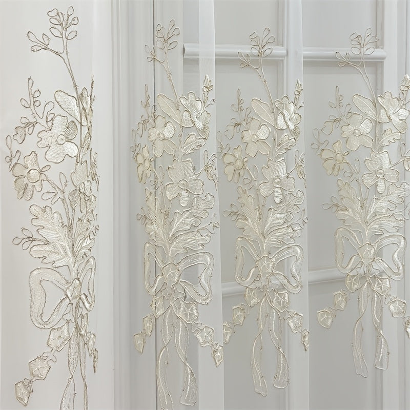 2pcs Tiyana Sheer Curtains with Golden Embroidery Elegant Floral Pattern Lightweight Polyester Grommet Top for Living Room and Bedroom All Season Thermal Insulation French Style Home Decor