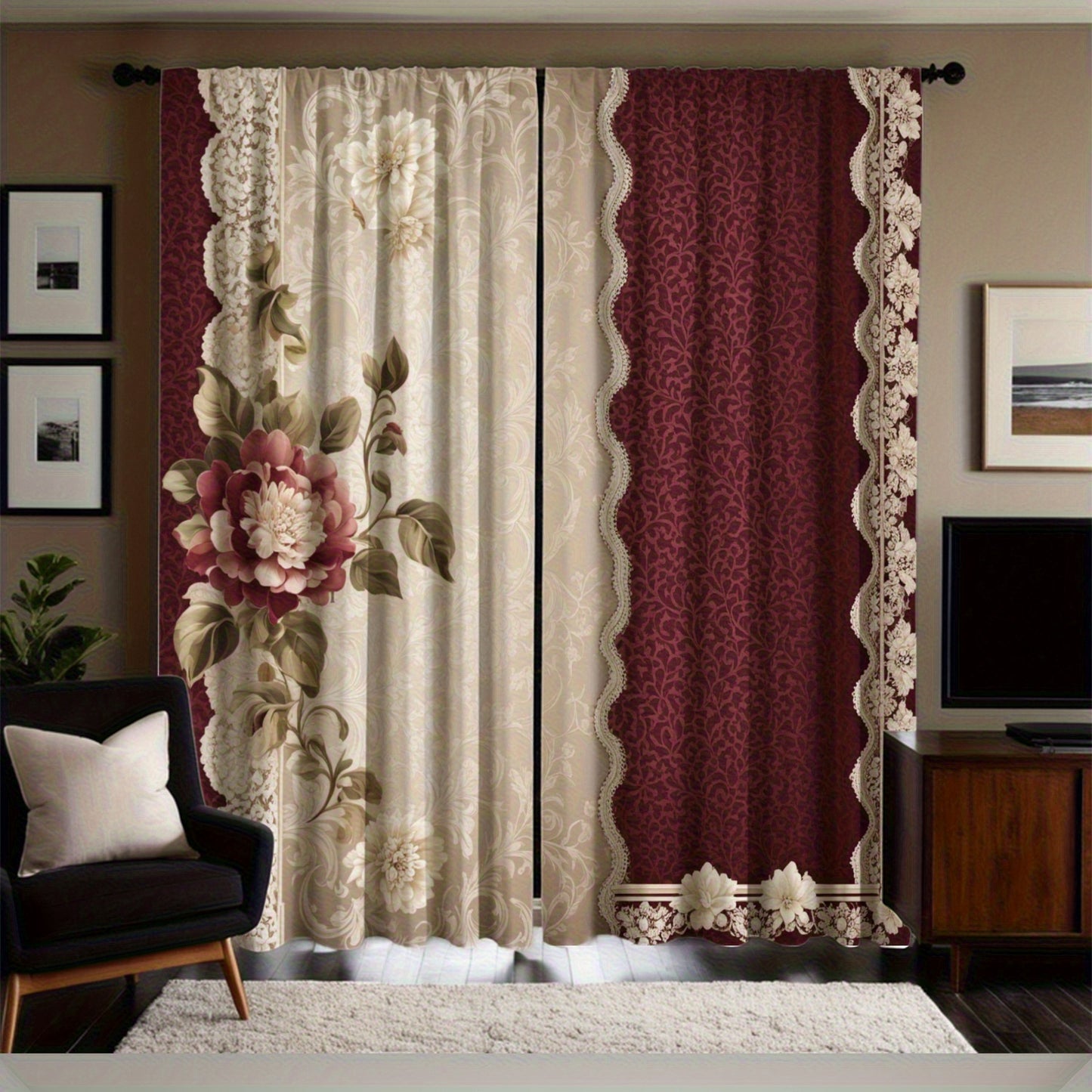 Elegant Floral and Paisley Lace Edge Curtains Set of 2 Red and White Semi-Transparent Polyester Rod Pocket Design Perfect for Living Room Bedroom and Study Machine Washable Durable Microfiber