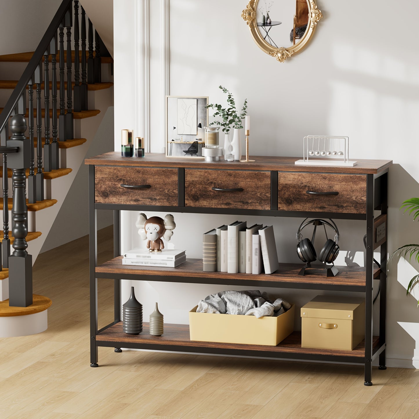 AOWOS 3-Tier Console Table with Charging Station Rustic Modern Narrow Sofa Table with Adjustable Feet and Breathable Fabric Drawers Hardwood Entryway Organizer for Hallway and Living