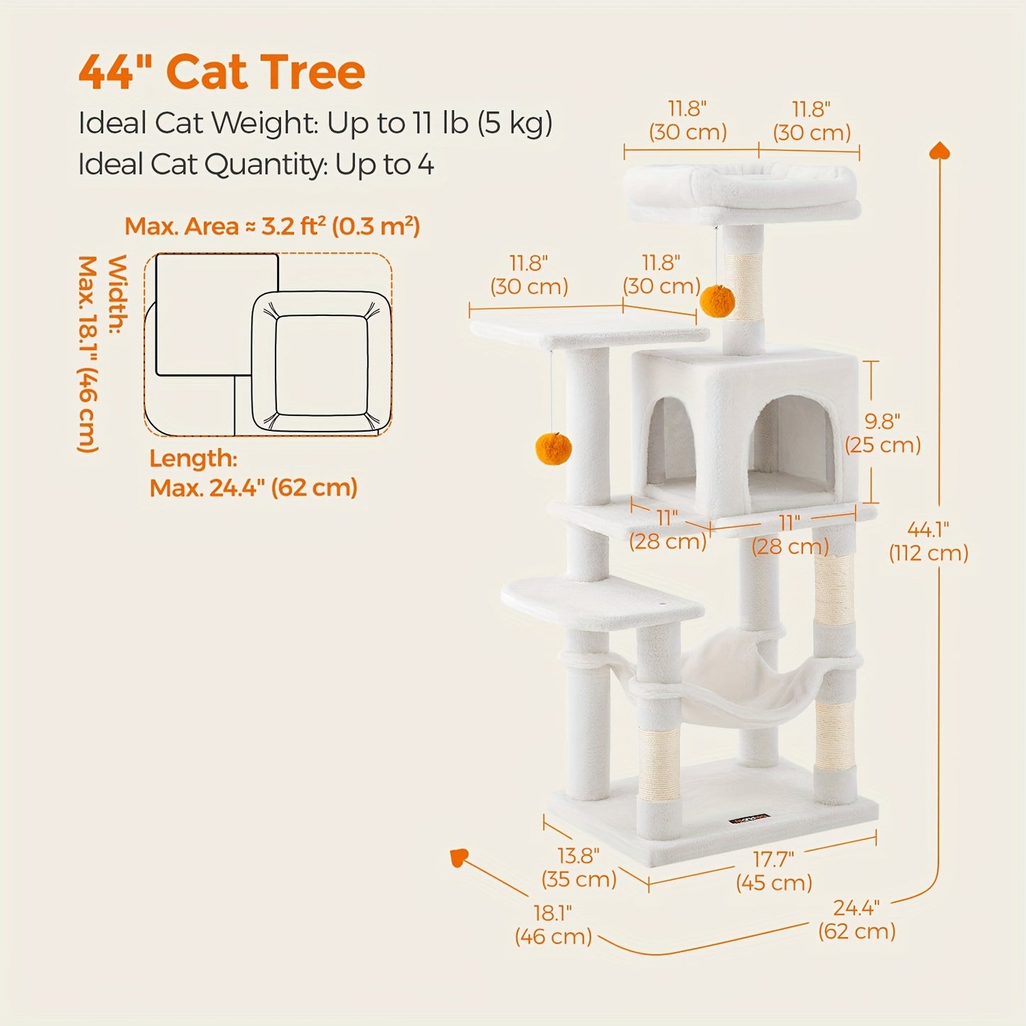 Feandrea Cat Tree 44/66.1in Large Plush Condo for Cats