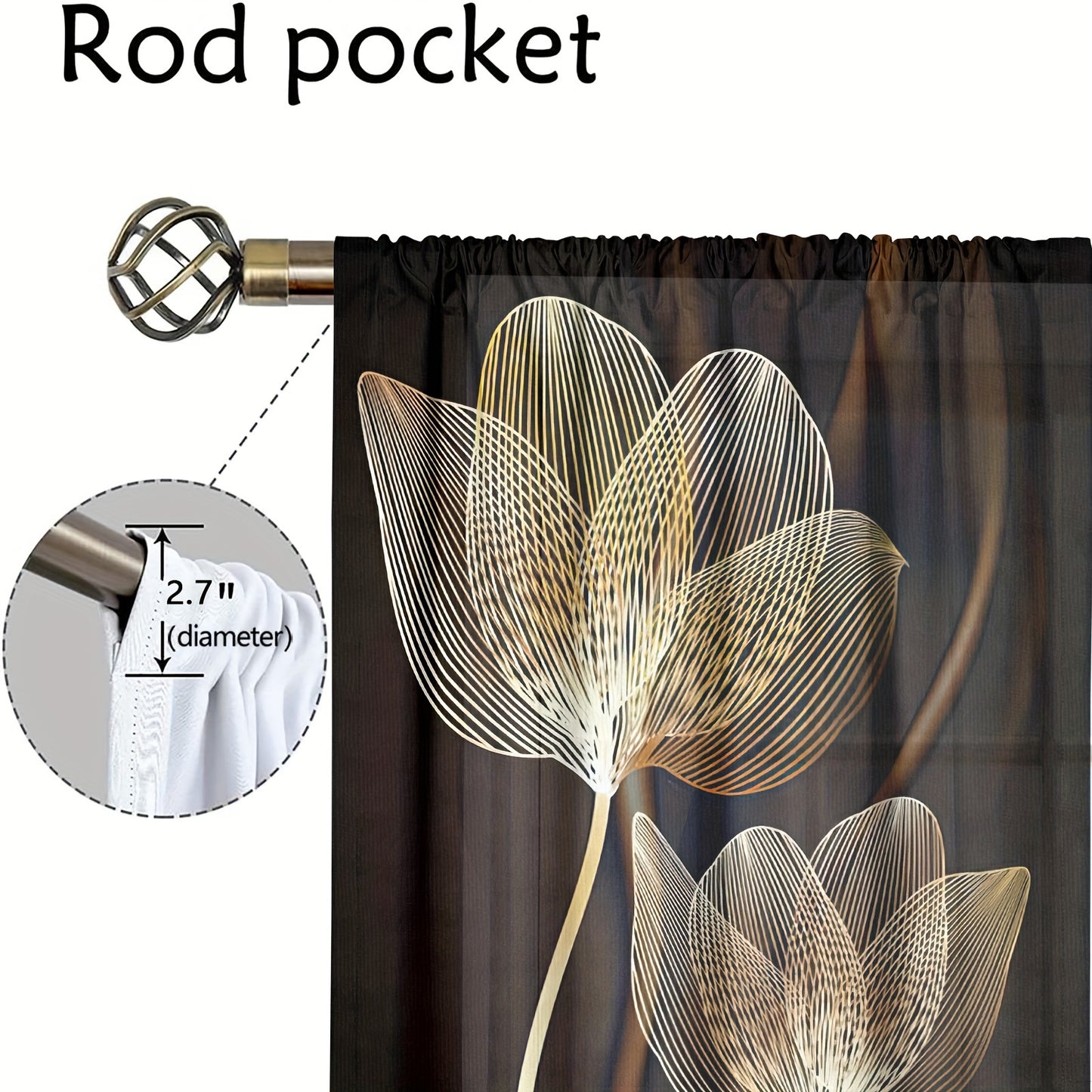 2 Panels Elegant Golden And Black Flower Pattern Printed Curtains Luxury Art Style Semi Blackout Rod Pocket For Living Room Bedroom Dining Room Kitchen Balcony Holiday Anniversary