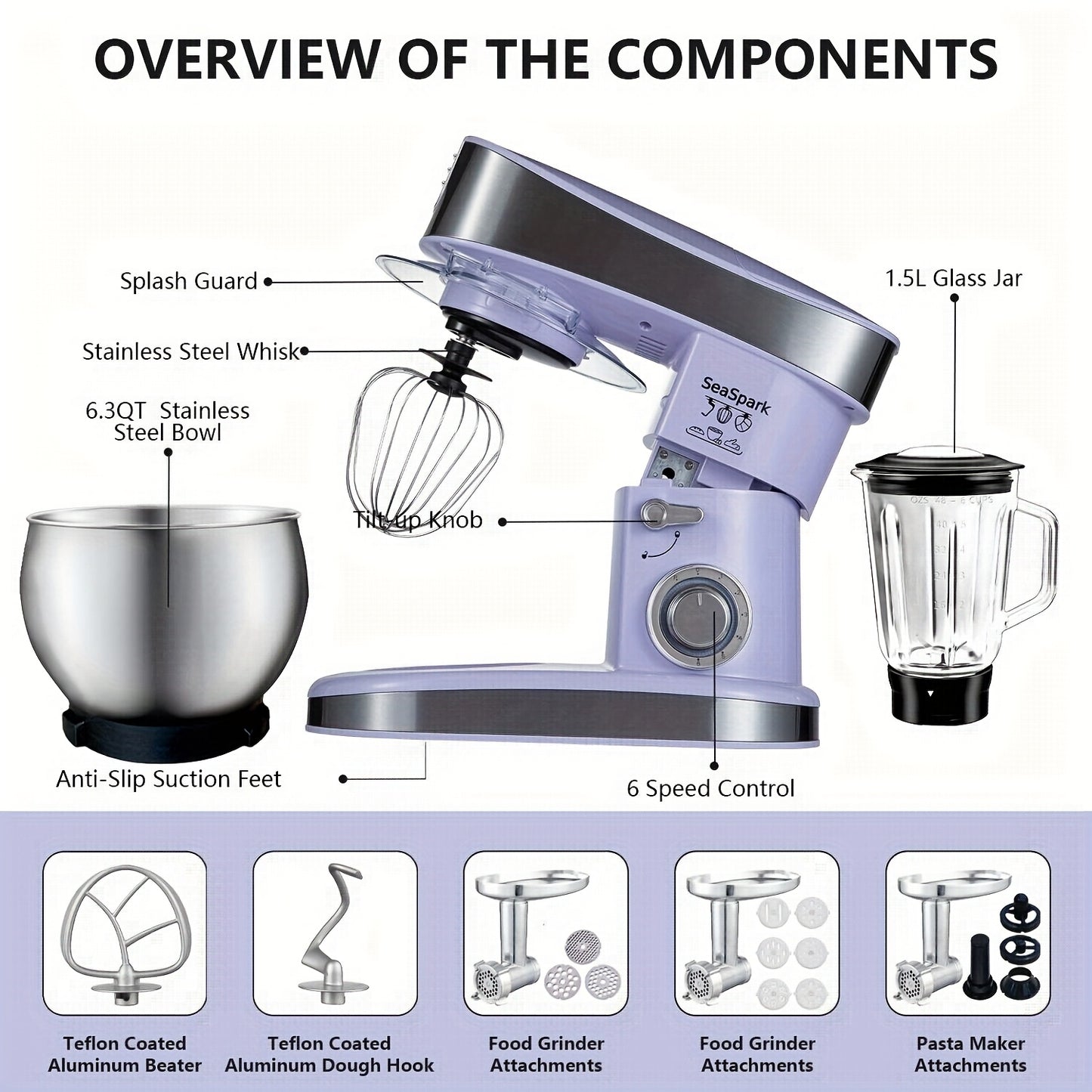 6-in-1 Electric Mixer with 6.3QT Bowl and Accessories